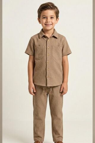 Erkek Çocuk Kısa Kollu Çizgili Gömlek Vizon - 8 Yaş