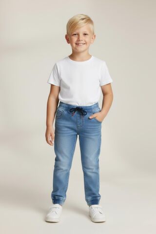 Mutlu Kids Beli ve Paçası Lastikli Erkek Çocuk Kot Pantolon Açık Mavi - 9 Yaş