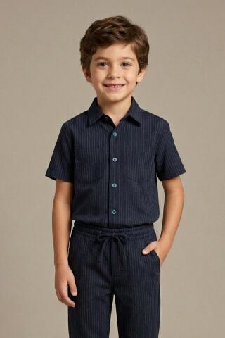 Erkek Çocuk Kısa Kollu Çizgili Gömlek Lacivert - 9 Yaş