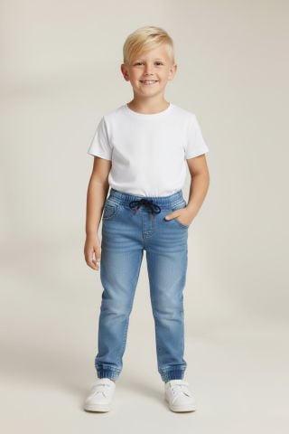 Mutlu Kids Beli ve Paçası Lastikli Erkek Çocuk Kot Pantolon Açık Mavi - 10 Yaş