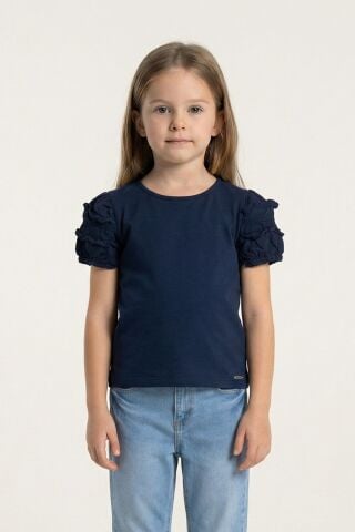 Fırfır Detaylı Lastikli Kısa Kol Kız Çocuk Tişört Mavi - 8 Yaş
