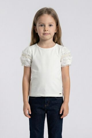 Fırfır Detaylı Lastikli Kısa Kol Kız Çocuk Tişört Beyaz - 3 Yaş