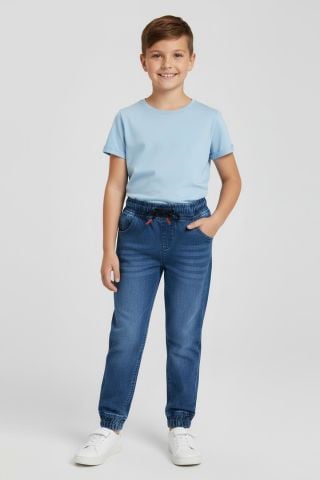 Mutlu Kids Beli ve Paçası Lastikli Erkek Çocuk Kot Pantolon ORTA MAVİ - 6 Yaş