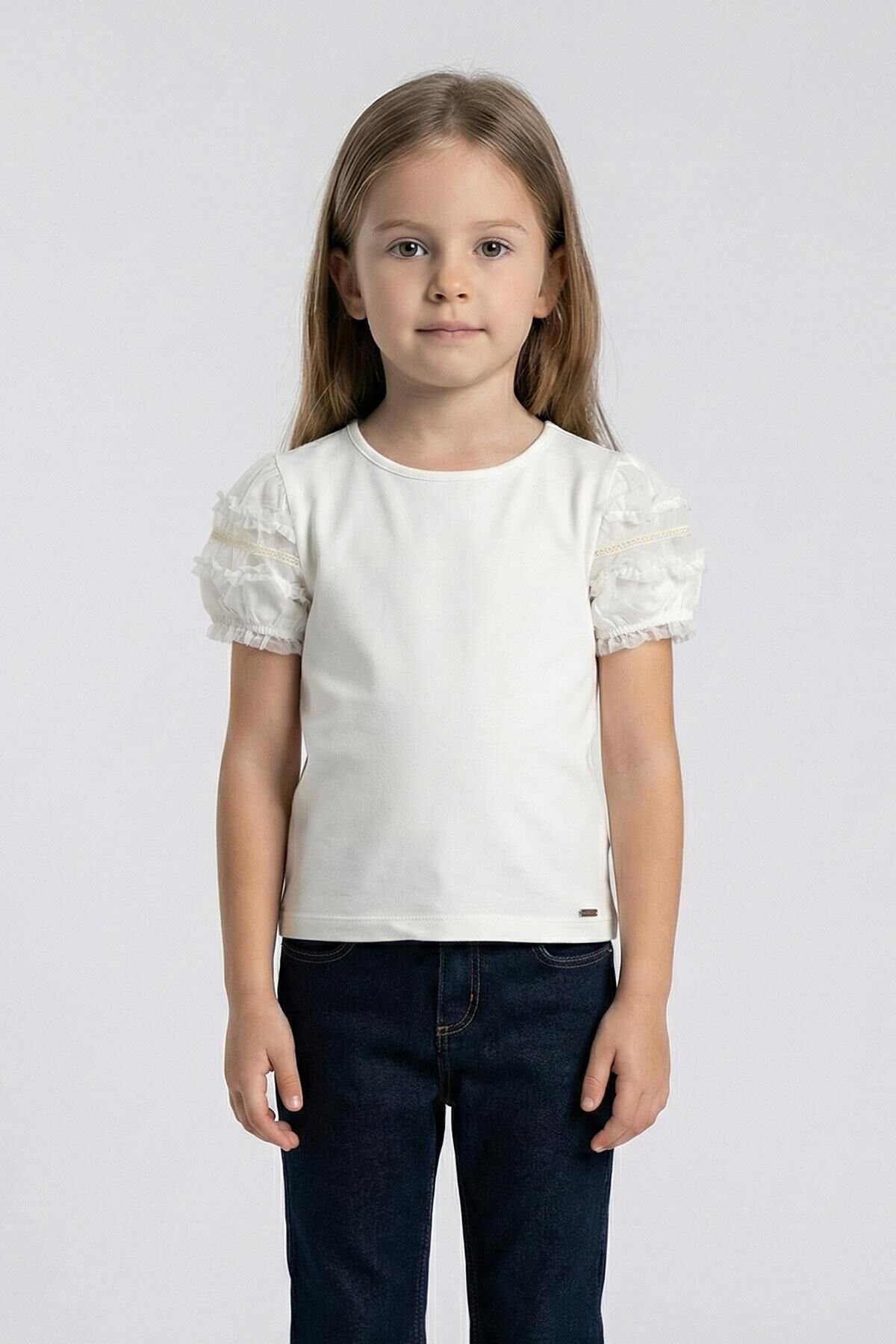 Fırfır Detaylı Lastikli Kısa Kol Kız Çocuk Tişört Beyaz - 9 Yaş