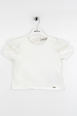 Fırfır Detaylı Lastikli Kısa Kol Kız Çocuk Tişört Beyaz - 9 Yaş