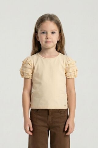 Fırfır Detaylı Lastikli Kısa Kol Kız Çocuk Tişört Bej - 9 Yaş