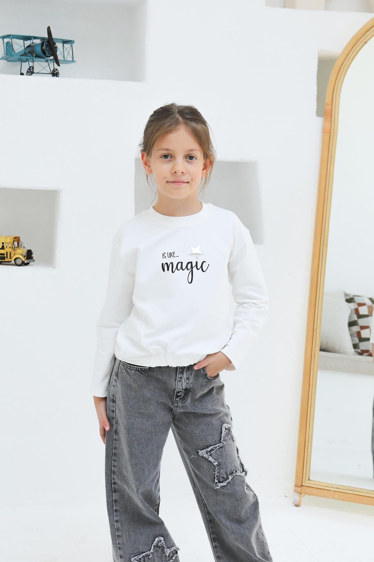 MAGIC BASKILI KIZ SWEAT EKRU - 9 Yaş
