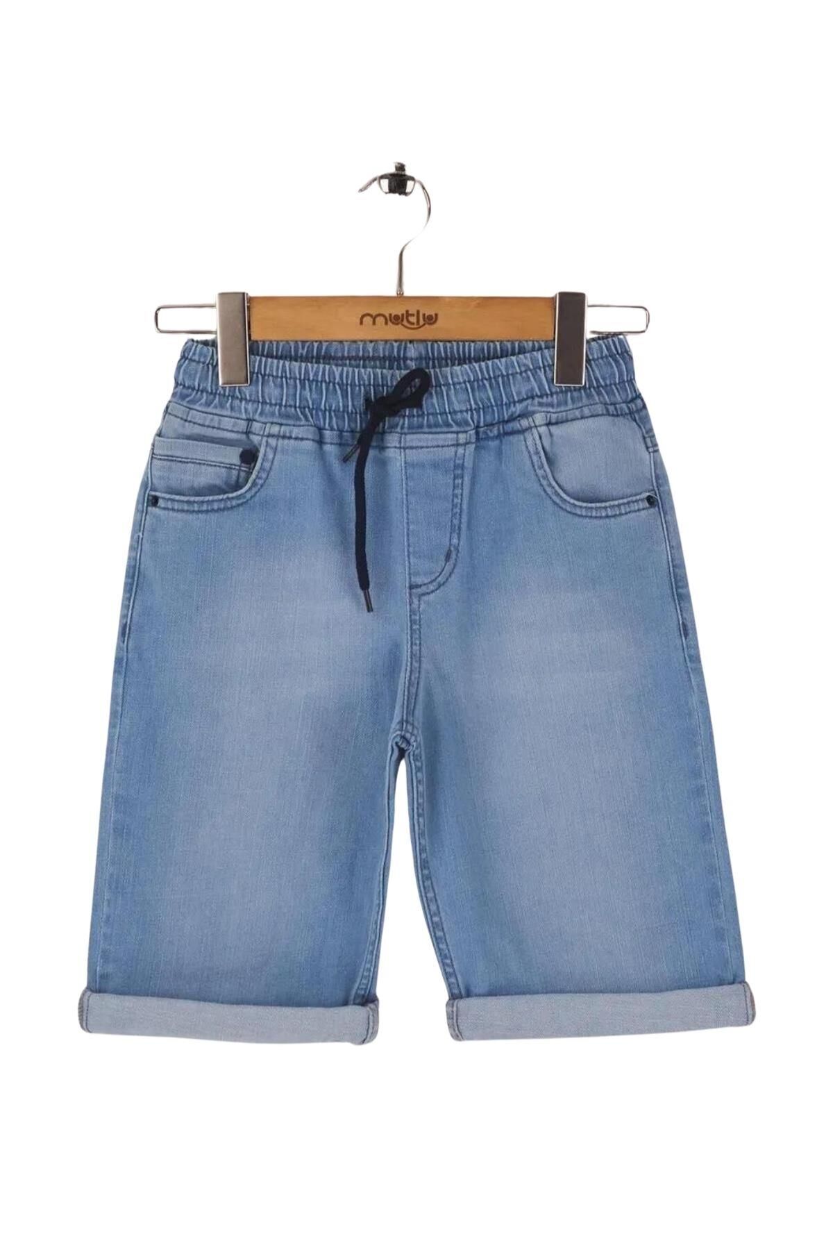 Mutlu Kids Beli Lastikli Erkek Çocuk Kot Kapri Şort BUZ MAVİ - 4 Yaş
