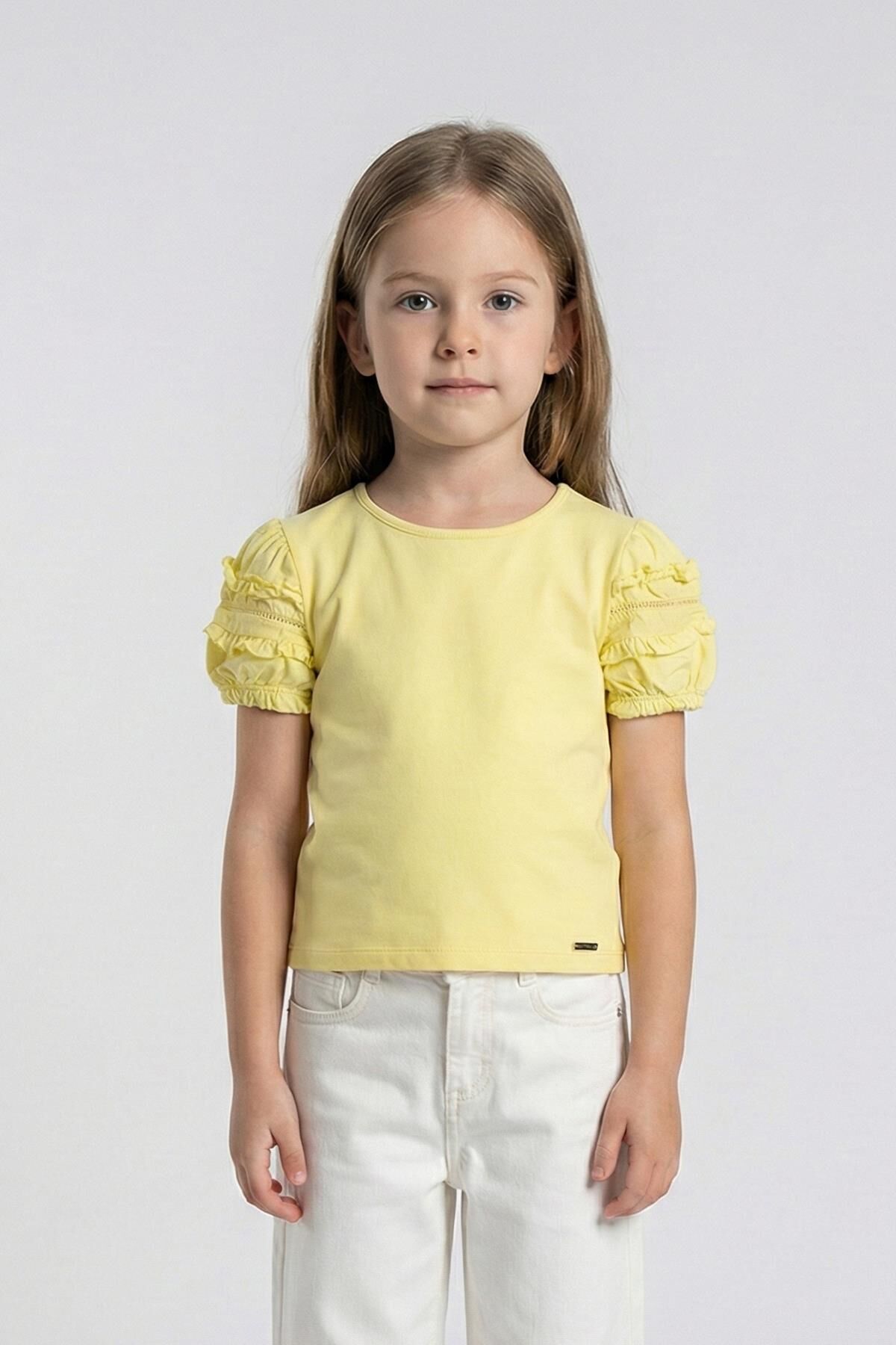 Fırfır Detaylı Lastikli Kısa Kol Kız Çocuk Tişört Sarı - 9 Yaş