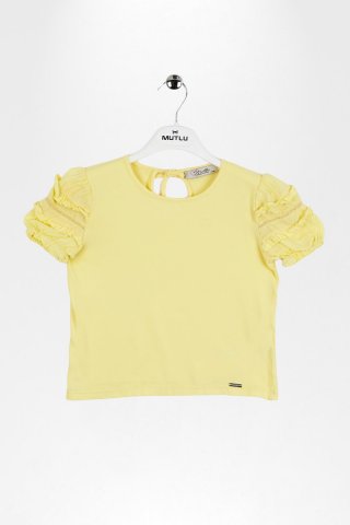 Fırfır Detaylı Lastikli Kısa Kol Kız Çocuk Tişört Sarı - 9 Yaş