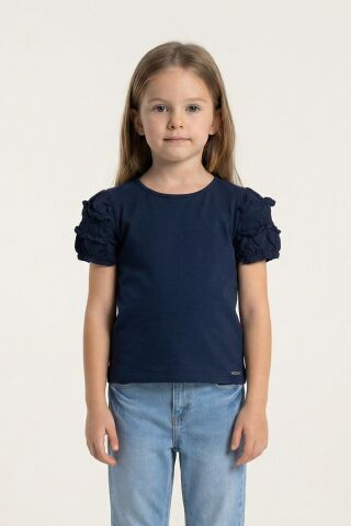Fırfır Detaylı Lastikli Kısa Kol Kız Çocuk Tişört Lacivert - 9 Yaş