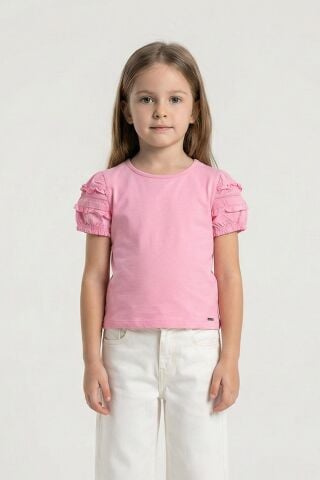 Fırfır Detaylı Lastikli Kısa Kol Kız Çocuk Tişört Pembe - 6 Yaş