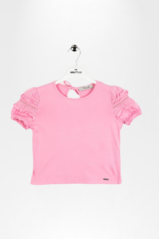 Fırfır Detaylı Lastikli Kısa Kol Kız Çocuk Tişört Pembe - 6 Yaş