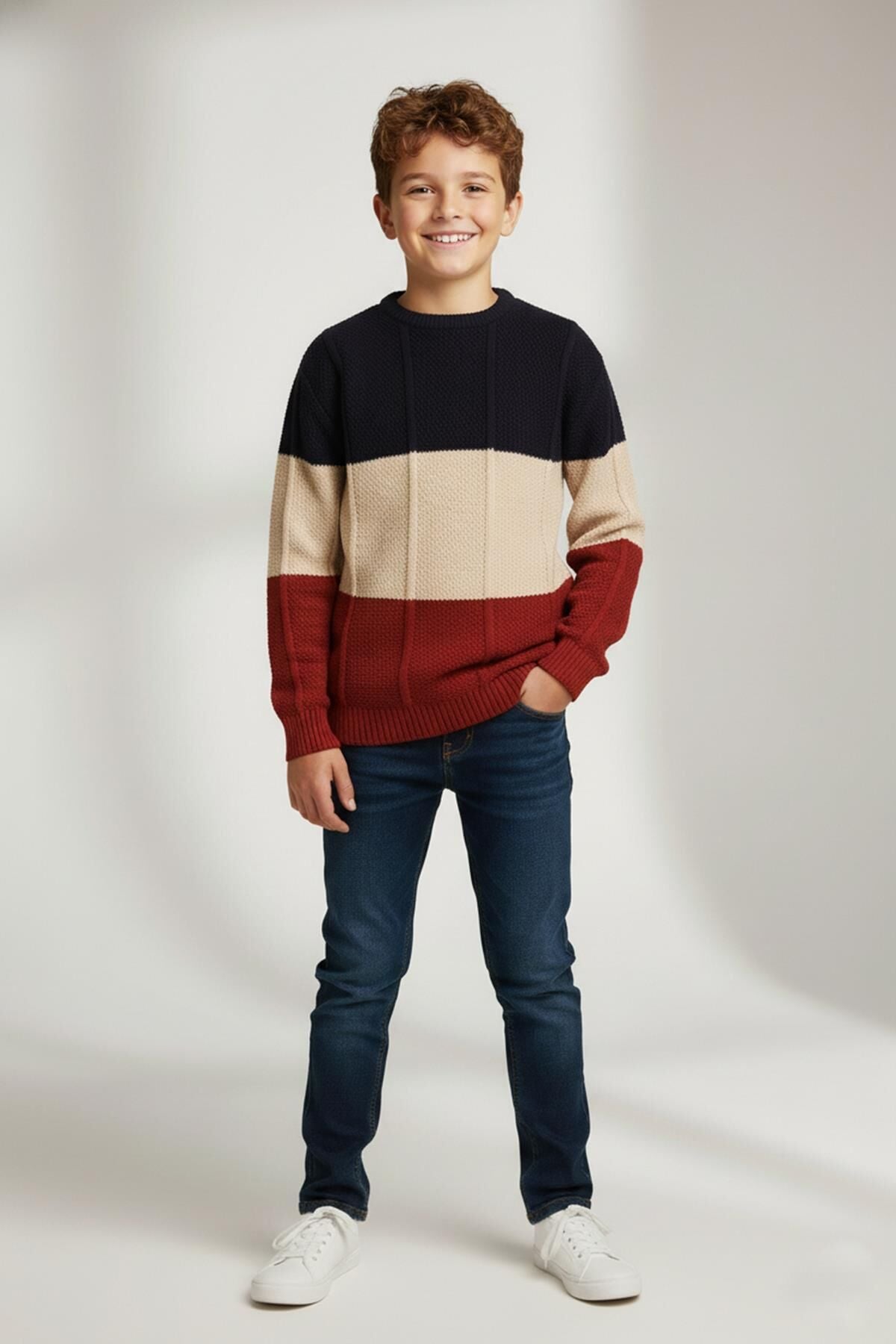 Mutlu Kids Renk Bloklu Erkek Çocuk Kazak Bordo - 11-12 Yaş