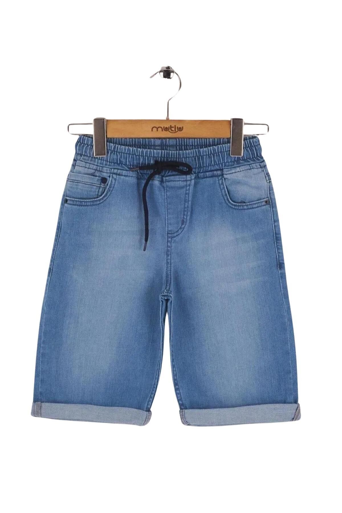 Mutlu Kids Beli Lastikli Erkek Çocuk Kot Kapri Şort Açık Mavi - 10 Yaş