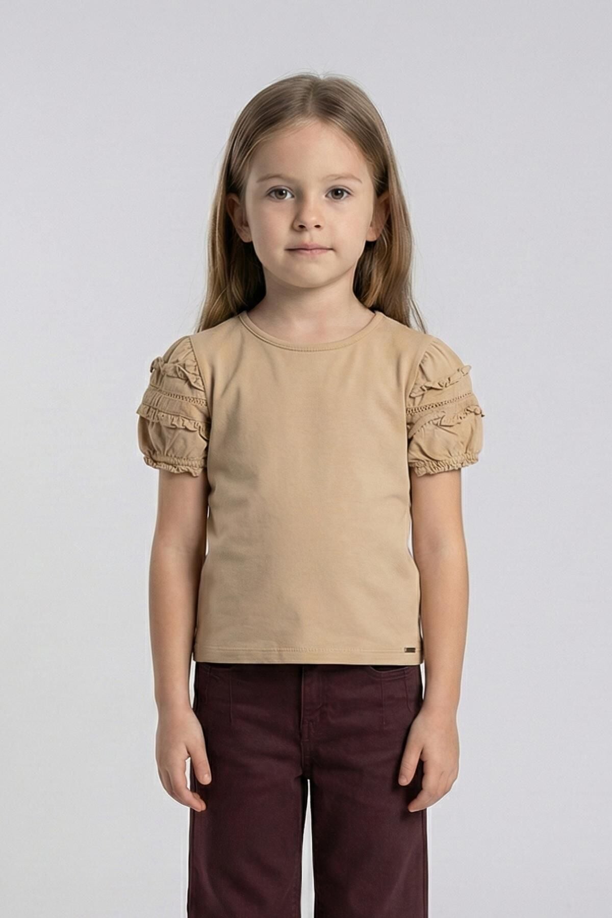 Fırfır Detaylı Lastikli Kısa Kol Kız Çocuk Tişört TAŞ - 9 Yaş