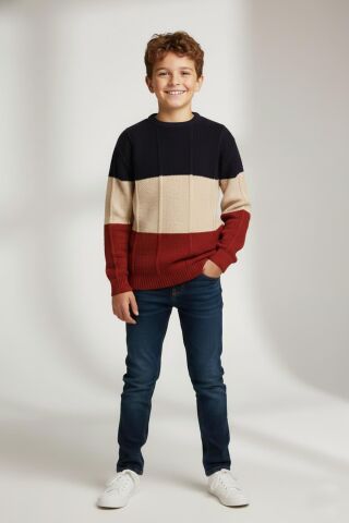 Mutlu Kids Renk Bloklu Erkek Çocuk Kazak Bordo - 9-10 Yaş