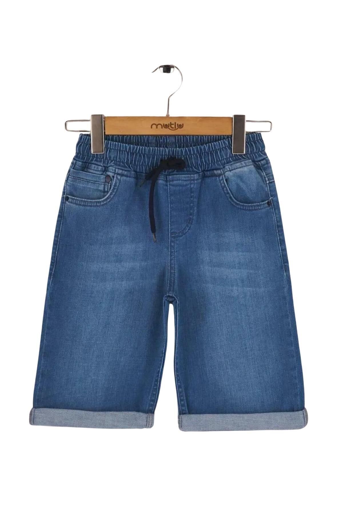 Mutlu Kids Beli Lastikli Erkek Çocuk Kot Kapri Şort ORTA MAVİ - 5 Yaş