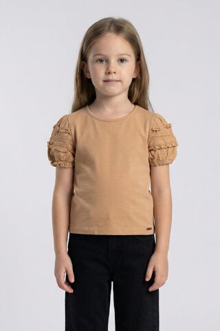 Fırfır Detaylı Lastikli Kısa Kol Kız Çocuk Tişört Vizon - 6 Yaş