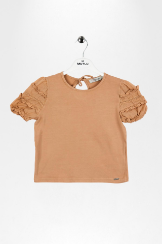 Fırfır Detaylı Lastikli Kısa Kol Kız Çocuk Tişört Vizon - 6 Yaş