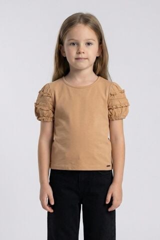 Fırfır Detaylı Lastikli Kısa Kol Kız Çocuk Tişört Vizon - 9 Yaş