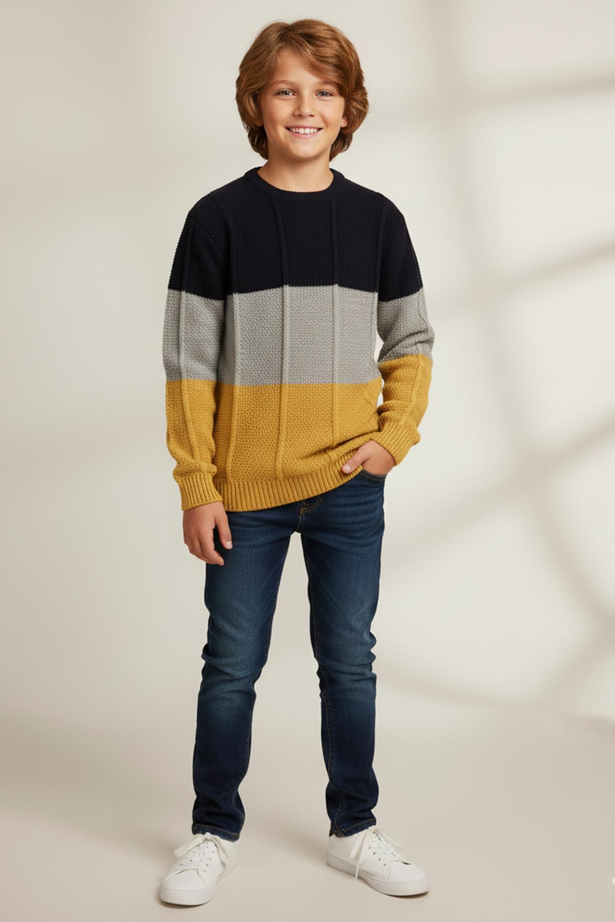 Mutlu Kids Renk Bloklu Erkek Çocuk Kazak Hardal - 9-10 Yaş