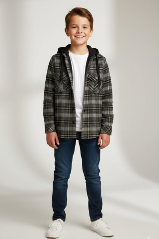 Mutlu Kids Kapüşonlu Kürk Astarlı Ekoseli Kalın Erkek Çocuk Gömlek Lacivert - 11 Yaş