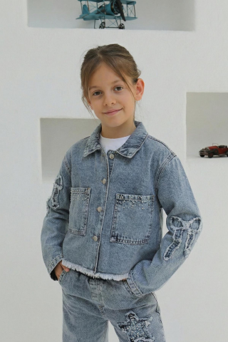 Aplikeli Kız Kot Ceket ORTA MAVİ KAR - 14 Yaş