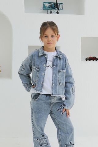 Aplikeli Kız Kot Ceket ORTA MAVİ KAR - 8 Yaş