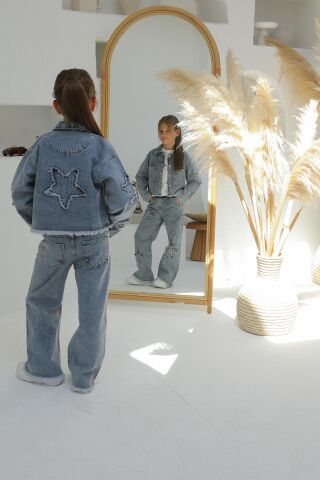 Aplikeli Kız Kot Ceket ORTA MAVİ KAR - 8 Yaş