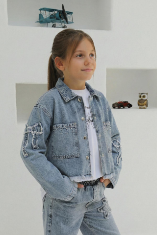 Aplikeli Kız Kot Ceket ORTA MAVİ KAR - 8 Yaş