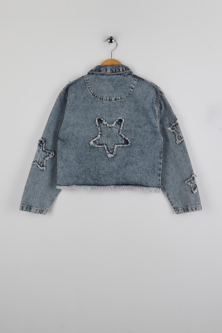 Aplikeli Kız Kot Ceket ORTA MAVİ KAR - 8 Yaş