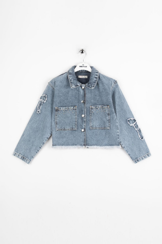 Aplikeli Kız Kot Ceket ORTA MAVİ KAR - 8 Yaş