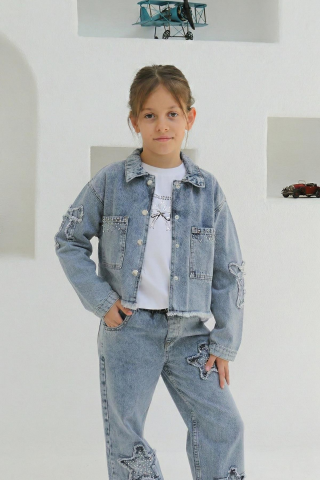 Aplikeli Kız Kot Ceket ORTA MAVİ KAR - 8 Yaş