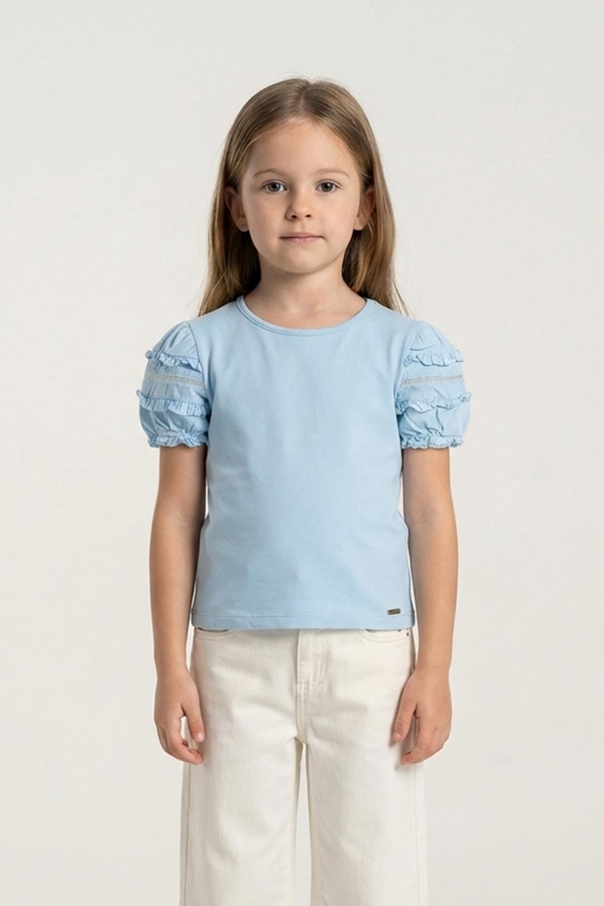 Fırfır Detaylı Lastikli Kısa Kol Kız Çocuk Tişört Mavi - 8 Yaş
