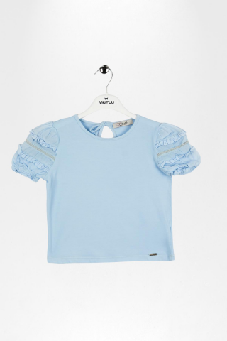 Fırfır Detaylı Lastikli Kısa Kol Kız Çocuk Tişört Mavi - 8 Yaş