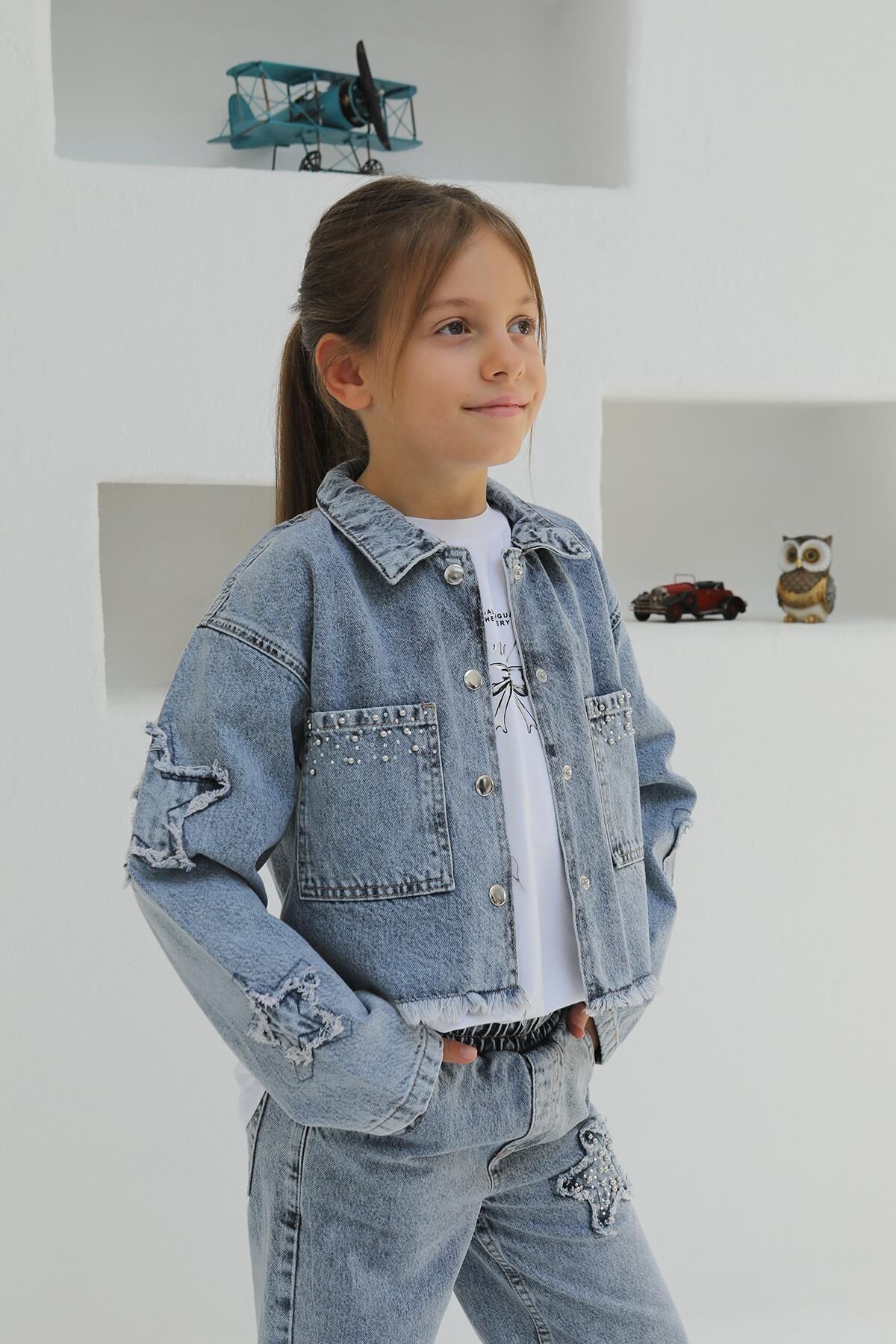 Aplikeli Kız Kot Ceket ORTA MAVİ KAR - 9 Yaş