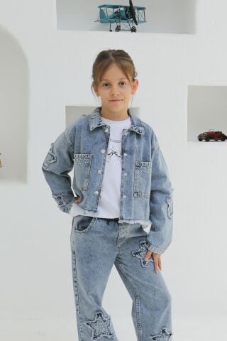 Aplikeli Kız Kot Ceket ORTA MAVİ KAR - 9 Yaş