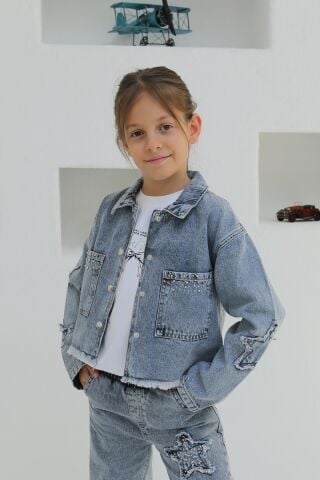 Aplikeli Kız Kot Ceket ORTA MAVİ KAR - 9 Yaş