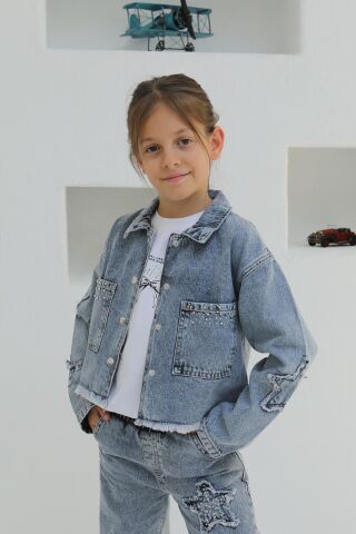 Aplikeli Kız Kot Ceket ORTA MAVİ KAR - 9 Yaş