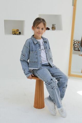 Aplikeli Kız Kot Ceket ORTA MAVİ KAR - 9 Yaş