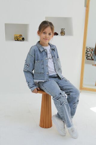 Aplikeli Kız Kot Ceket ORTA MAVİ KAR - 9 Yaş