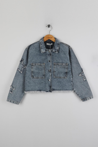 Aplikeli Kız Kot Ceket ORTA MAVİ KAR - 9 Yaş