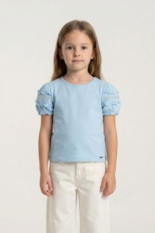 Fırfır Detaylı Lastikli Kısa Kol Kız Çocuk Tişört Mavi - 9 Yaş