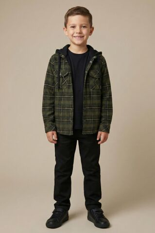 Mutlu Kids Kapüşonlu Kürk Astarlı Ekoseli Kalın Erkek Çocuk Gömlek Haki - 12 Yaş