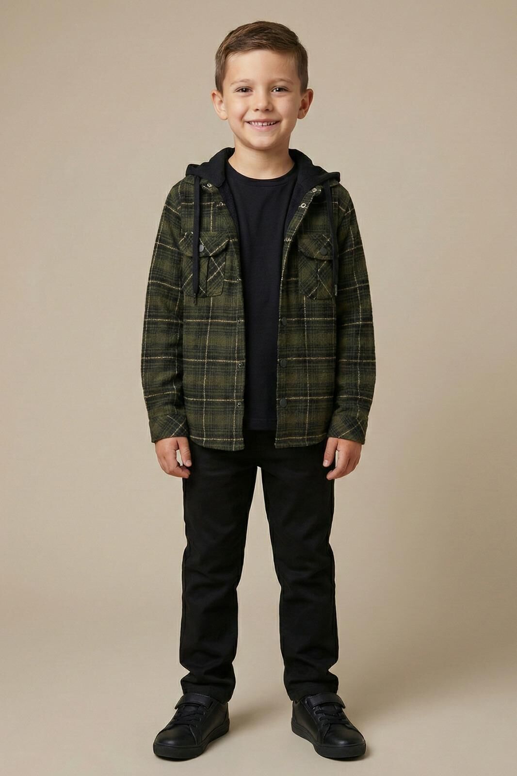 Mutlu Kids Kapüşonlu Kürk Astarlı Ekoseli Kalın Erkek Çocuk Gömlek Haki - 3 Yaş