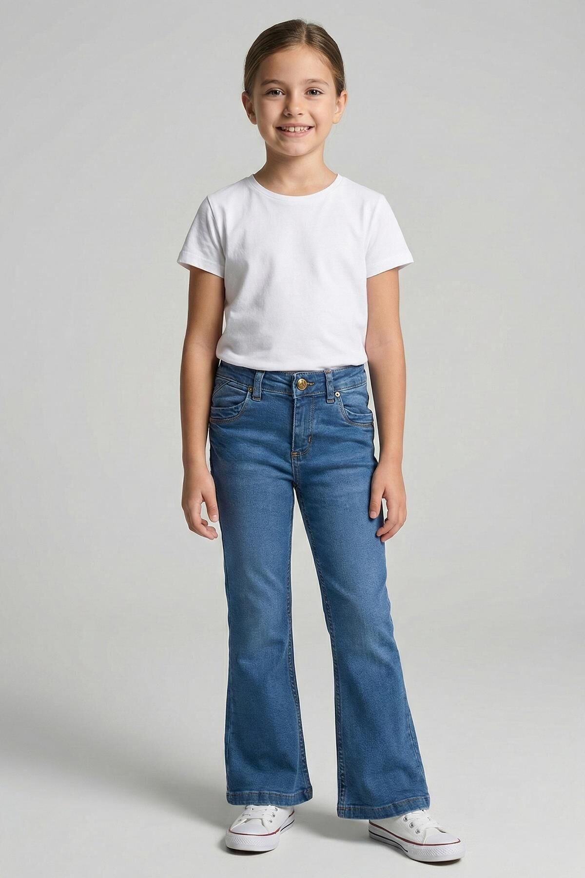 İspanyol Paça kız Kot Pantolon ORTA MAVİ - 9 Yaş