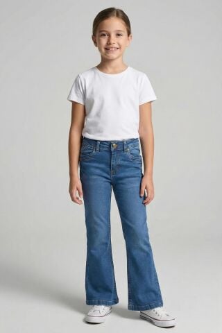 İspanyol Paça kız Kot Pantolon ORTA MAVİ - 9 Yaş