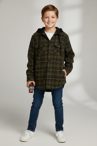 Mutlu Kids Kapüşonlu Kürk Astarlı Ekoseli Kalın Erkek Çocuk Gömlek Haki - 9 Yaş