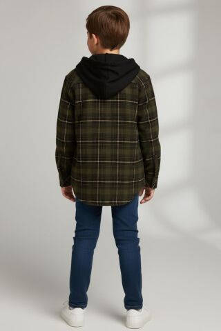 Mutlu Kids Kapüşonlu Kürk Astarlı Ekoseli Kalın Erkek Çocuk Gömlek Haki - 9 Yaş